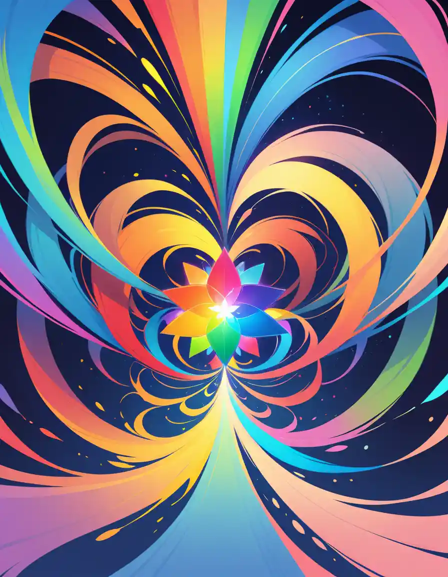Colorful fractal rainbow shapes radiating from a central point