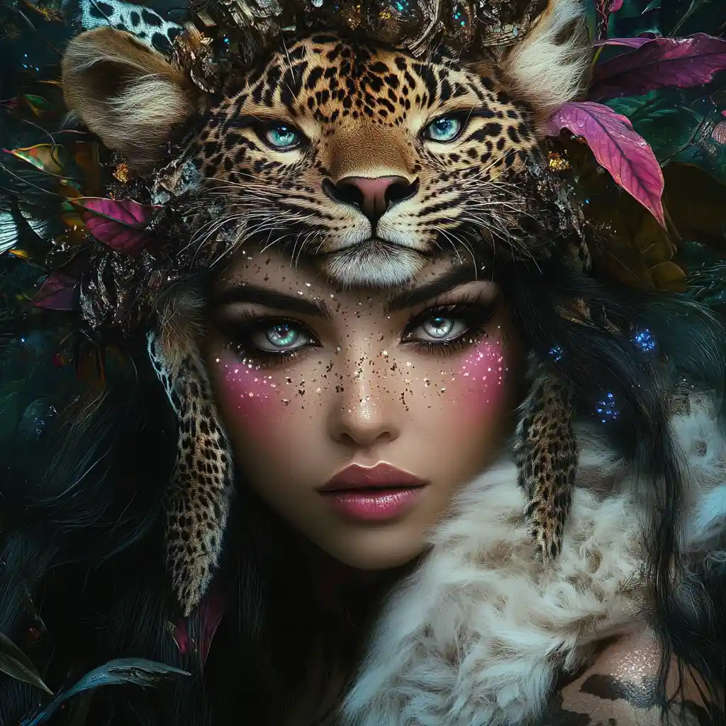 Wild fantasy woman in leopard headdress among glowing flowers