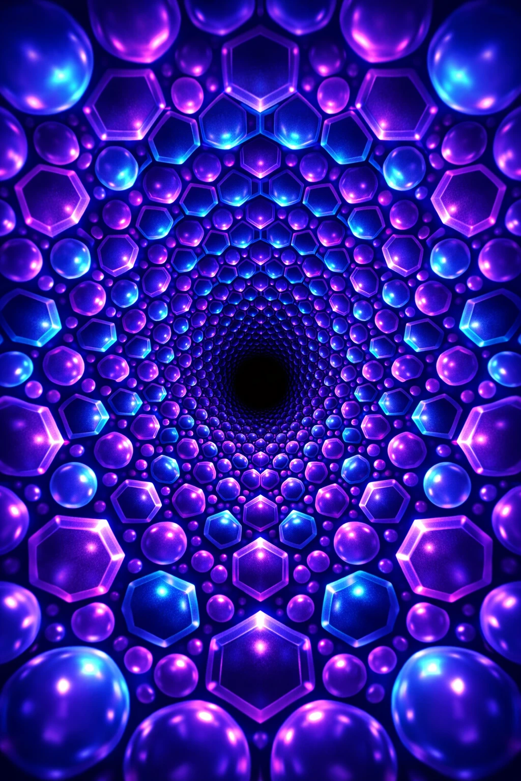 Glowing blue and purple geometric tunnel into darkness