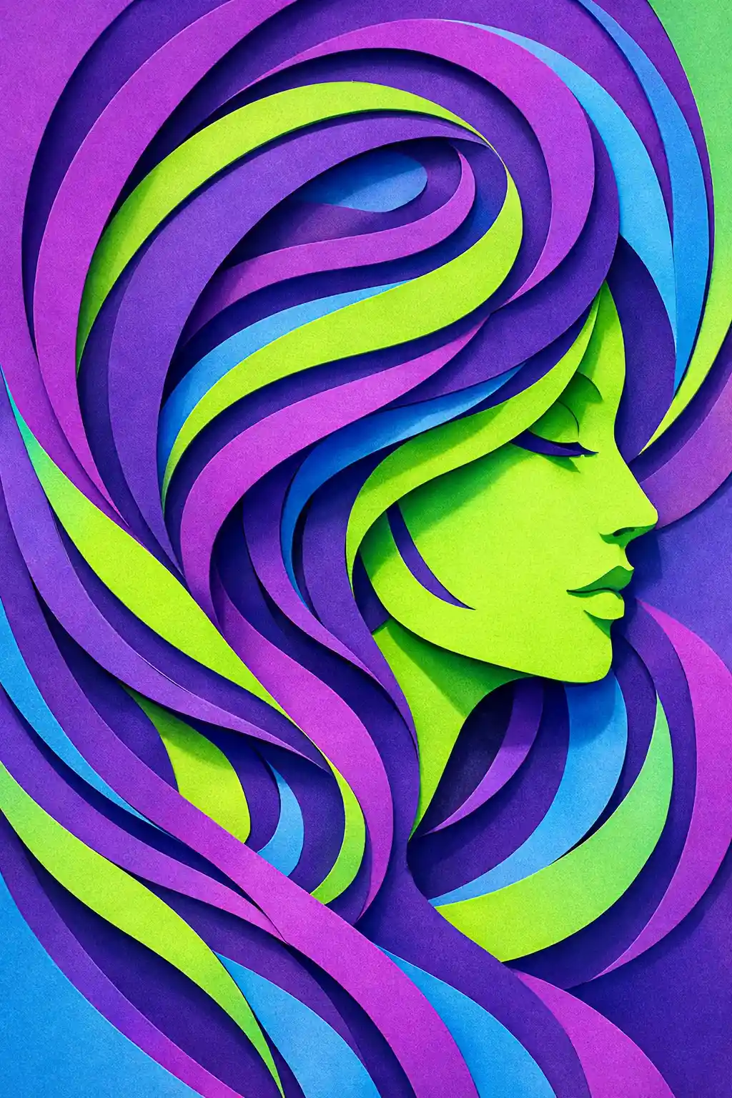 Abstract neon papercraft portrait of a swirling female figure