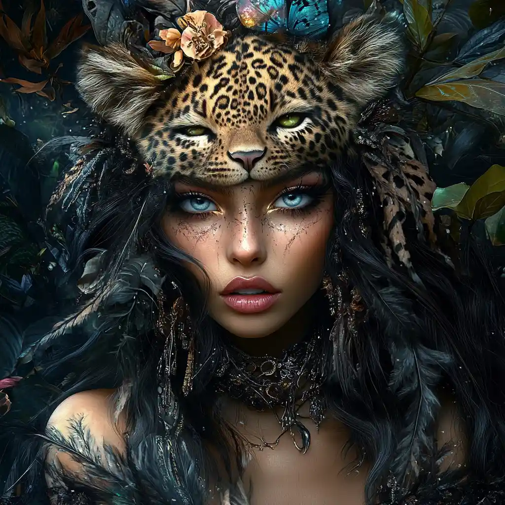 Wild fantasy woman in leopard headdress among glowing flora
