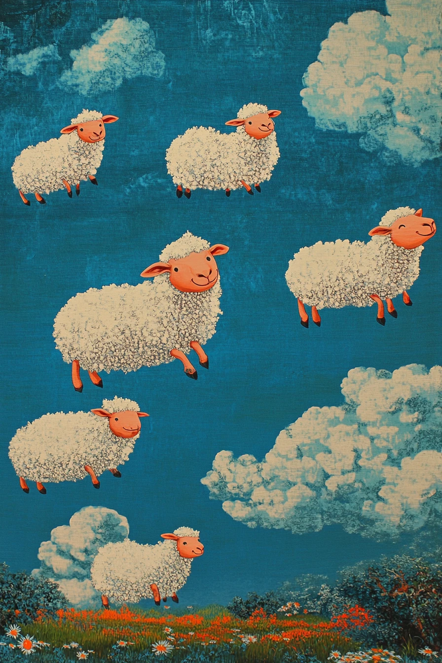 Nubes con forma de ovejas lanudas sonrientes sobre prado verde