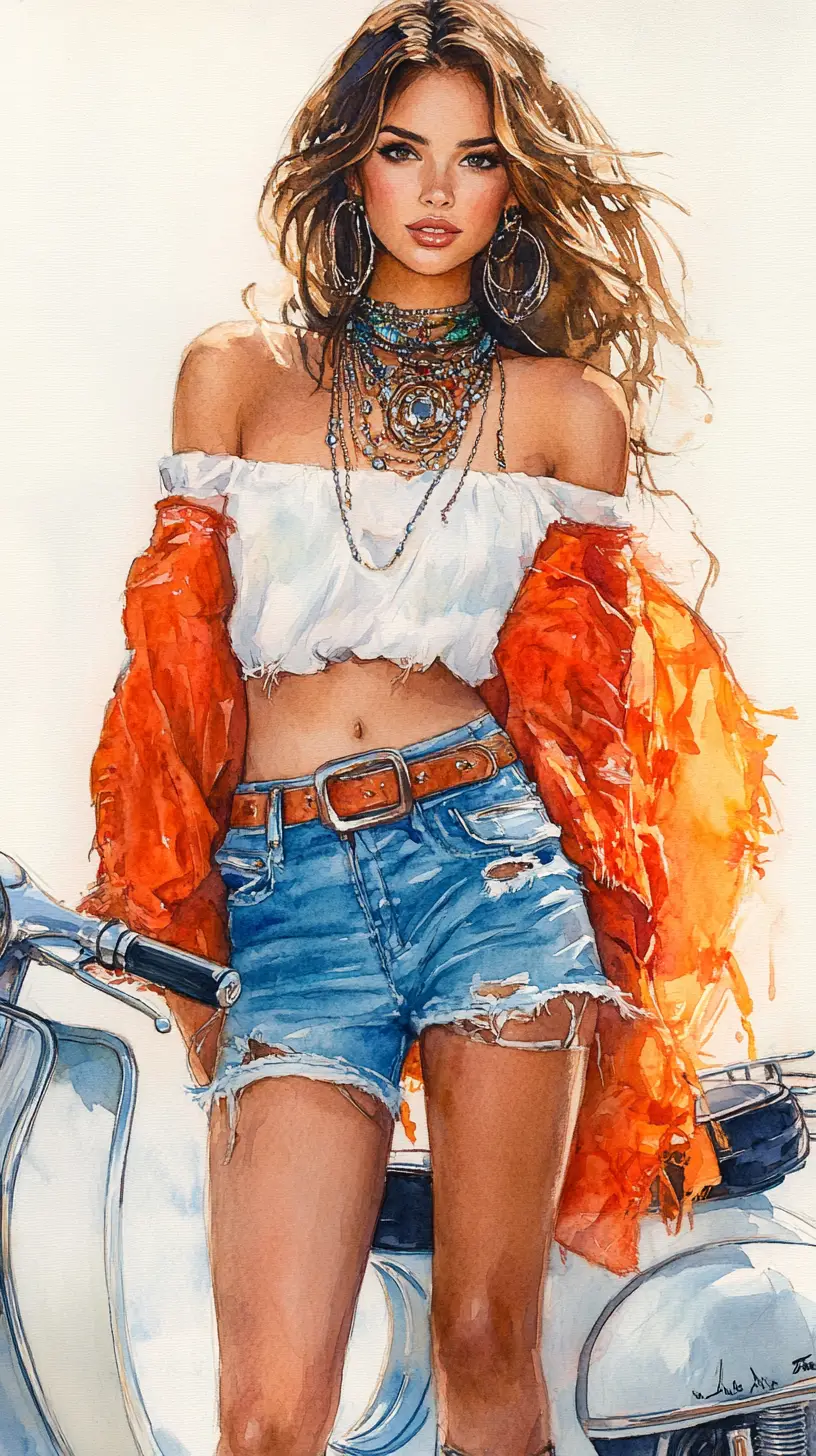 Bohemien-Frau posiert an Vintage-Roller in Aquarell