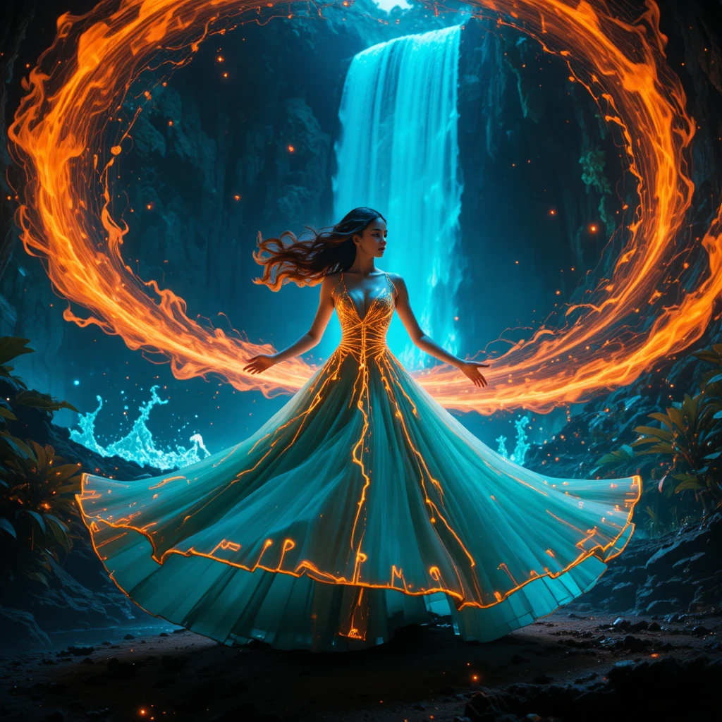 Woman in glowing teal gown before bioluminescent waterfall