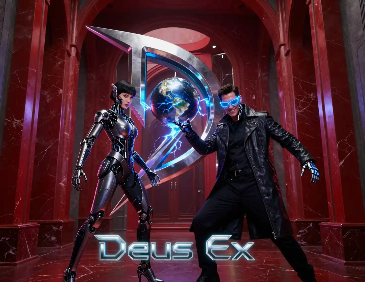Futuristic Deus Ex emblem in a red marble corridor