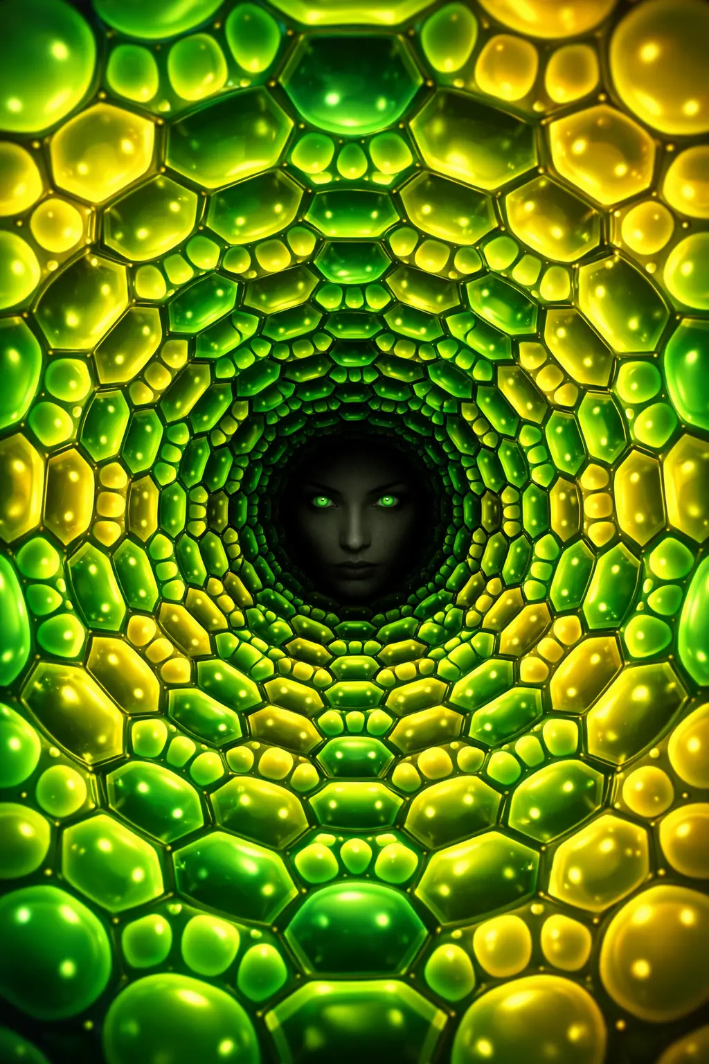Donna surreale in un portale di tunnel frattale verde luminoso