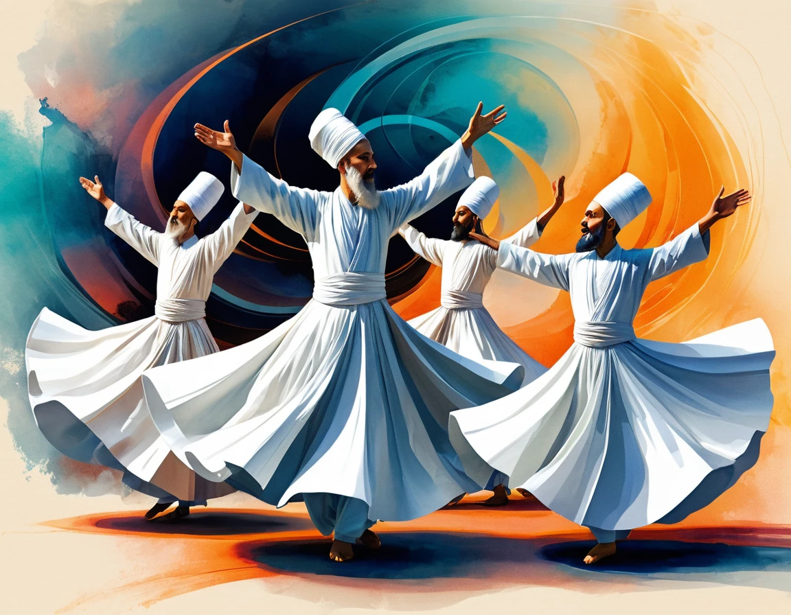 Whirling dervish dancers in flowing robes and surreal sketch colors