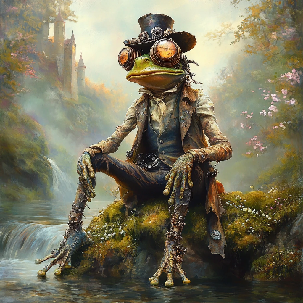 Anthropomorphic Frog In Steampunk Suit By A Mossy River