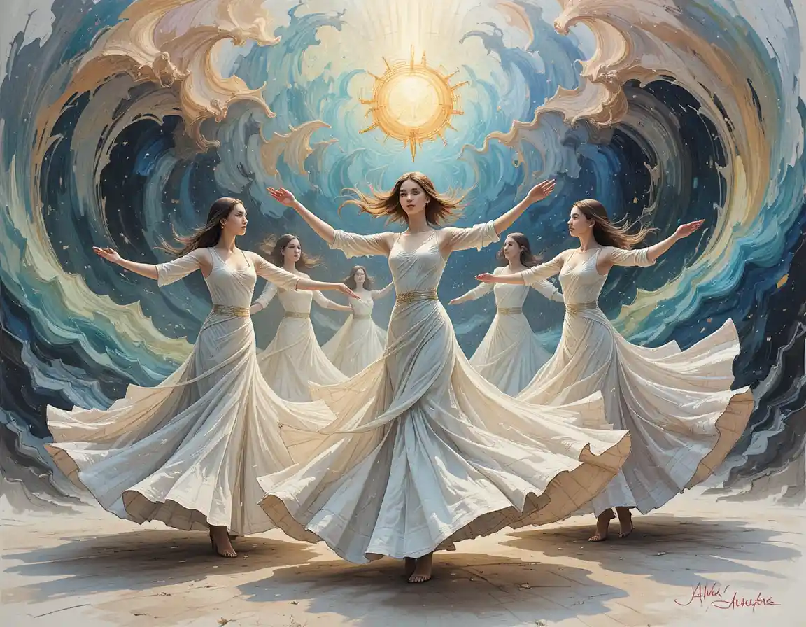 Dervisci danzanti turbinanti in vesti fluide con colori di schizzi surreali