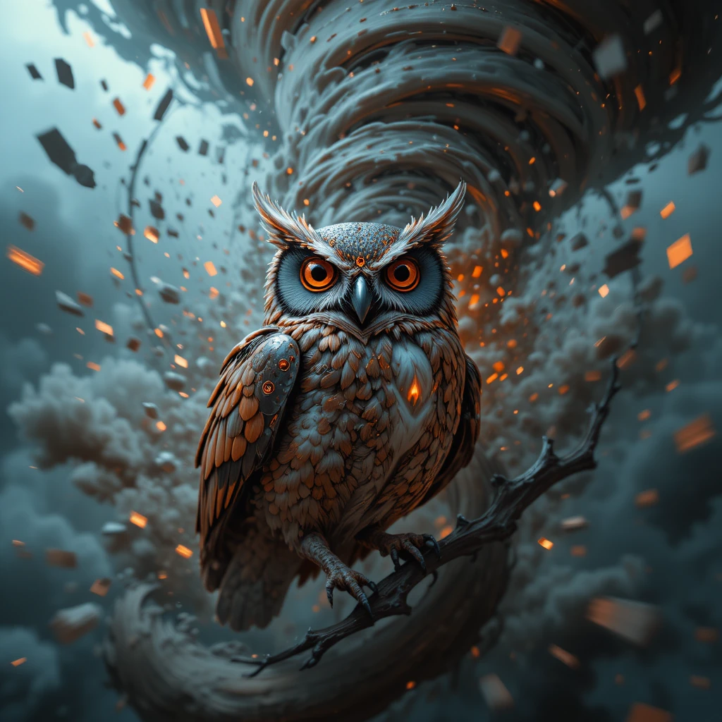 Steampunk owl swirling within a spectral tornado of motion