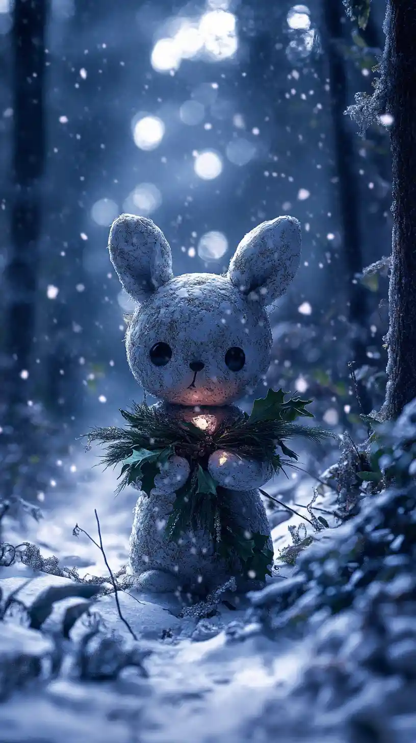 Macabre plush toy in a corrupted winter forest night