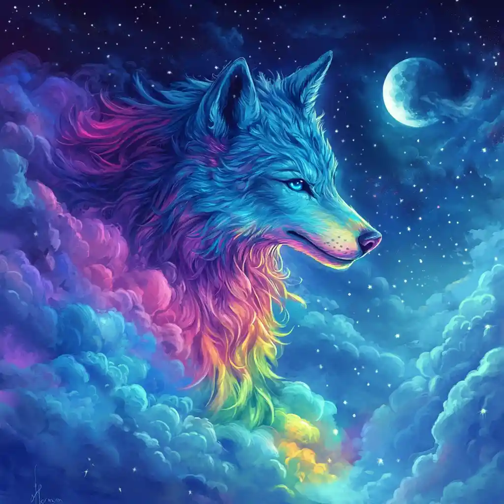 Mystical rainbow wolf running through a glowing night sky