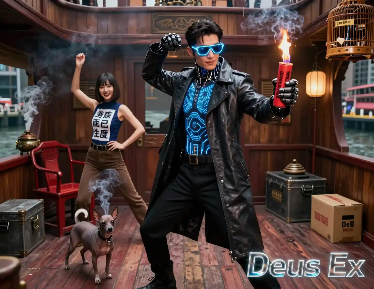 Cybernetic detective holding a smoking emergency signal flare