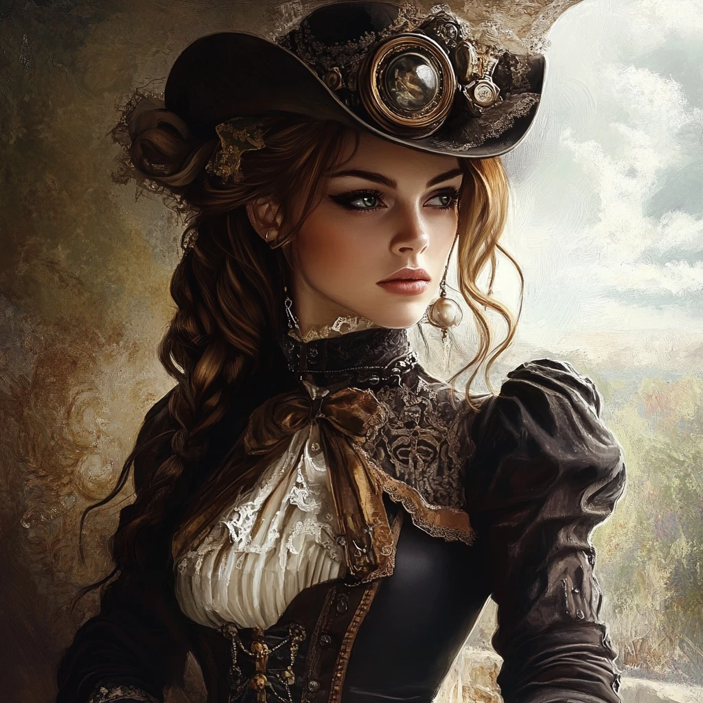Steampunk woman sitting at the end of a lakeside pier