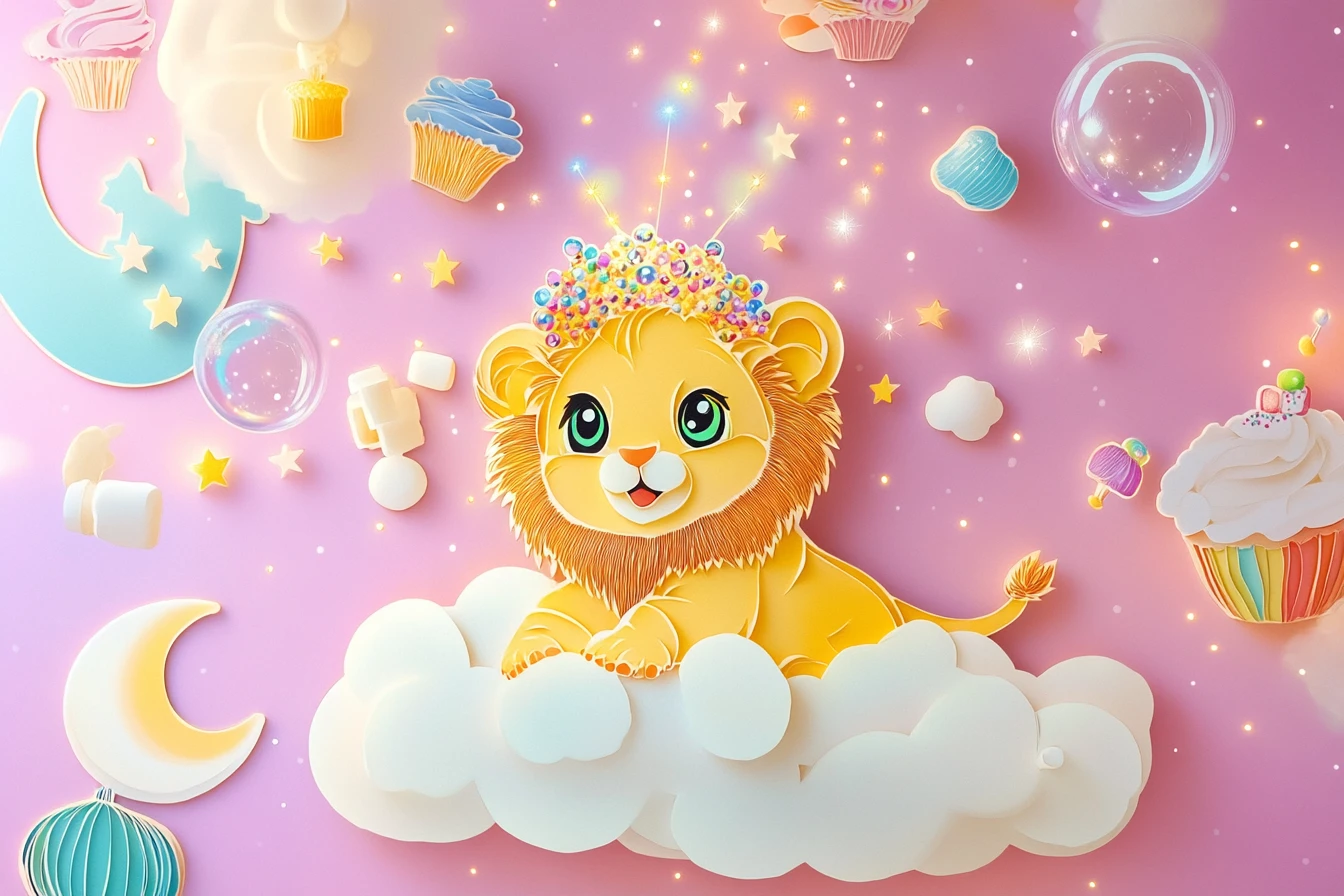 Niedliches Löwenbaby spielt auf Zuckerwattewolken