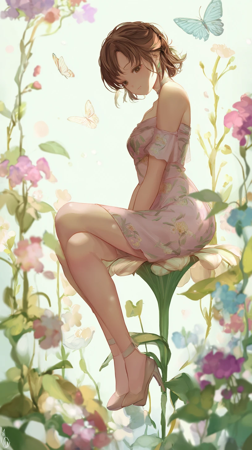 Chica de anime Virgo sentada en una alta flor de primavera