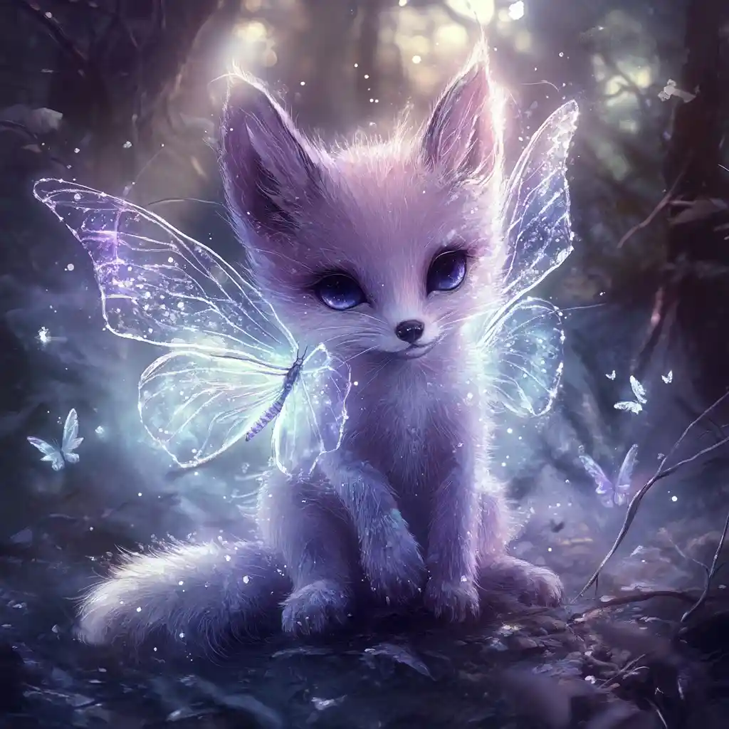 Glass baby fox with butterfly wings in fantasy forest