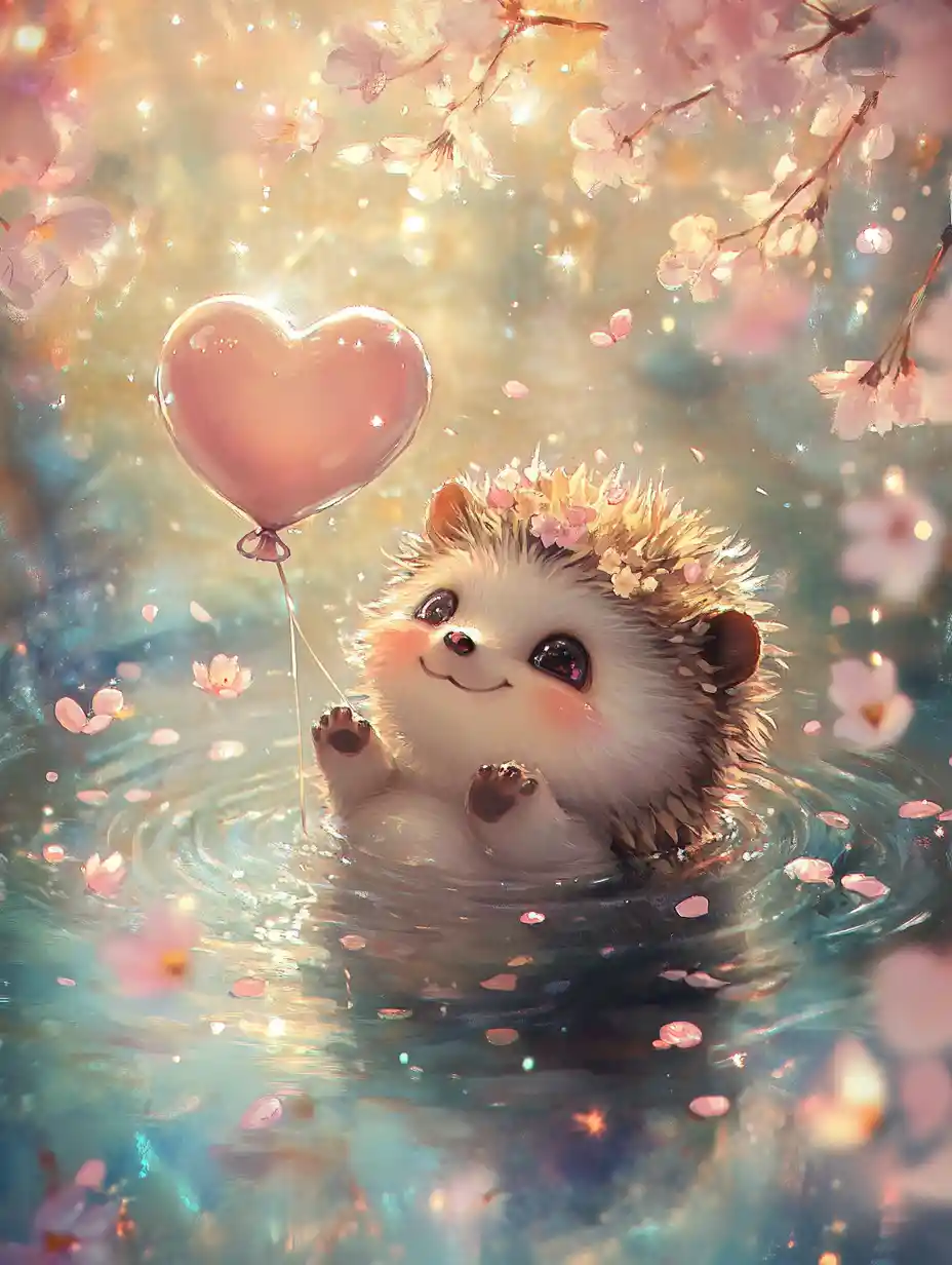 Adorable baby hedgehog cuddling a heart balloon in water