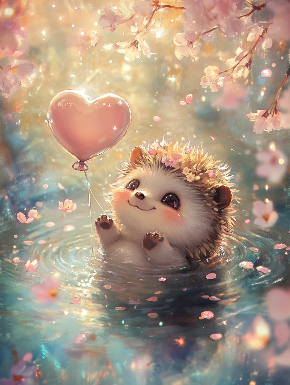 Adorable bebé erizo abrazando un globo en forma de corazón en el agua