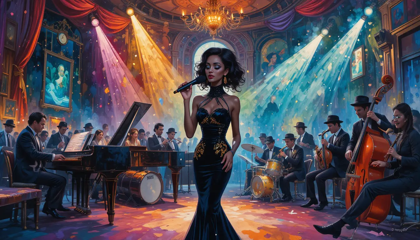 Cartoon jazz band in a festive hall with elegant singer