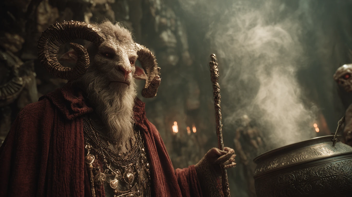 Demonic sorcerer summoning dark magic in a glowing cave
