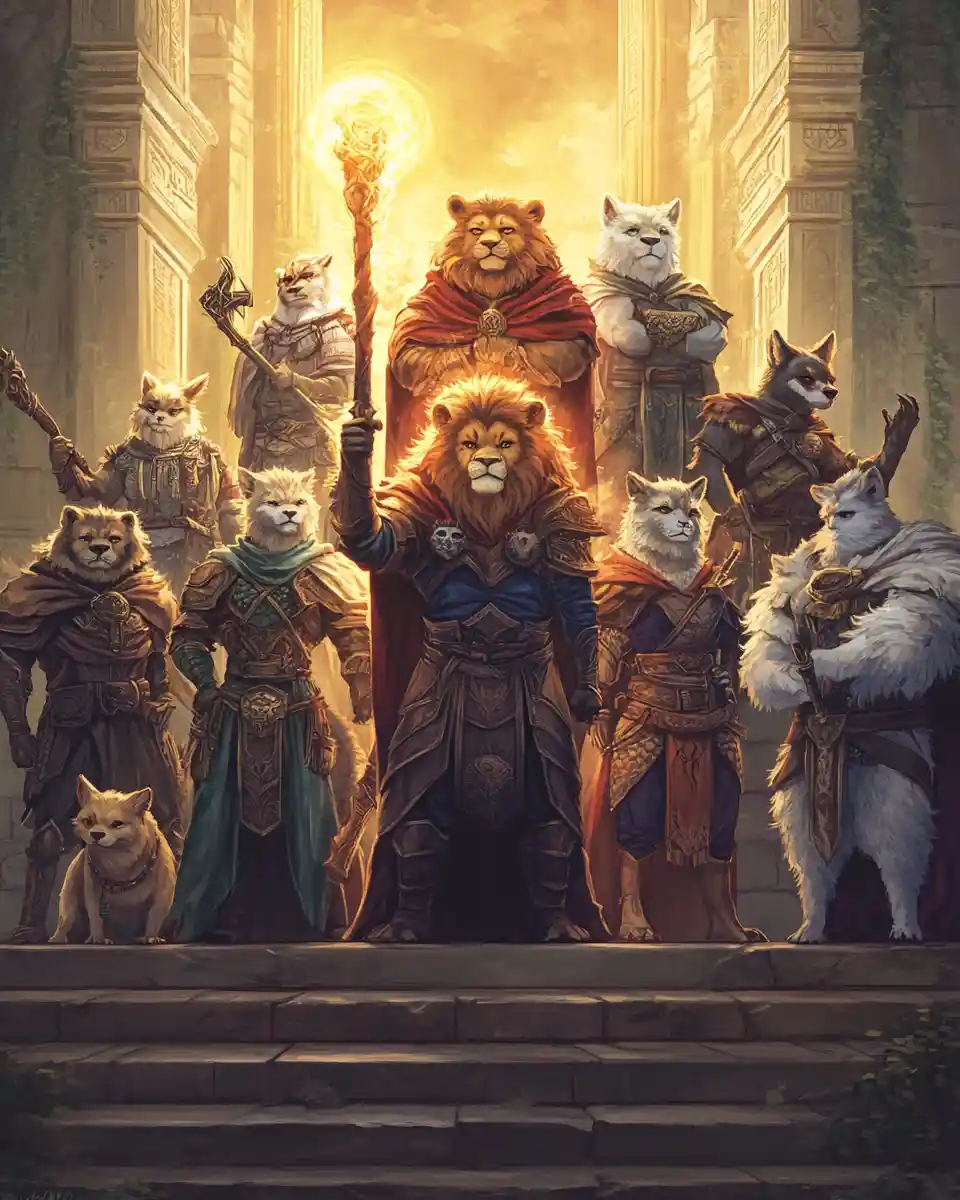 Anthropomorphic animal heroes gather on ancient temple steps