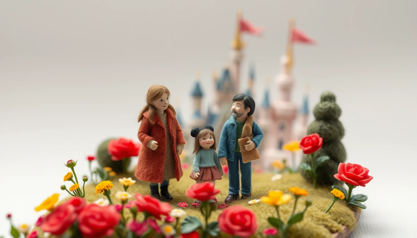 Felted wool family scene in a whimsical theme park