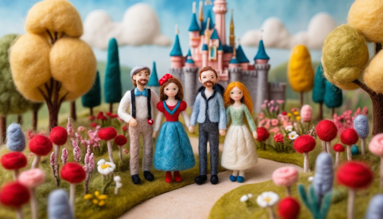 Felted wool family scene in a whimsical fantasy park