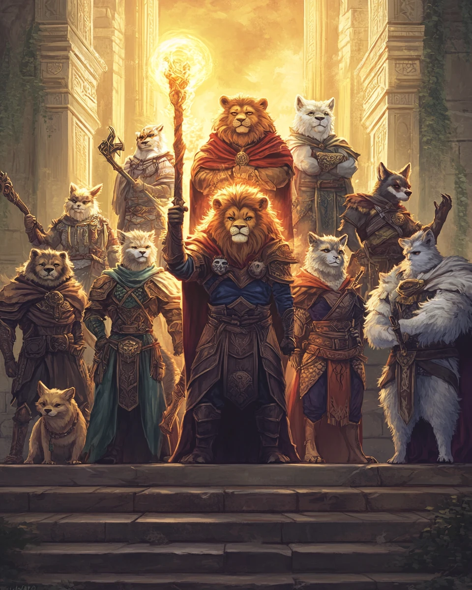 Anthropomorphic animal heroes gather on ancient temple steps