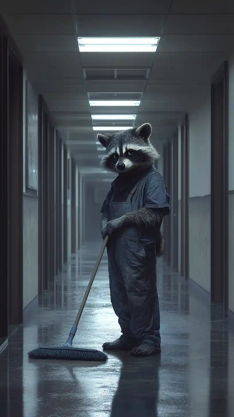 Tired anthropomorphic raccoon janitor in empty office hallway