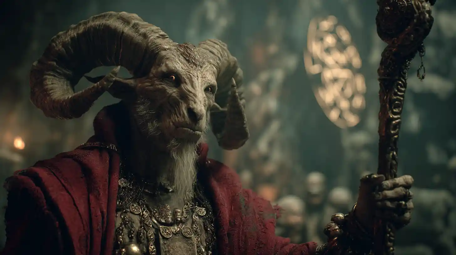 Goat faced sorcerer summoning dark magic in cave