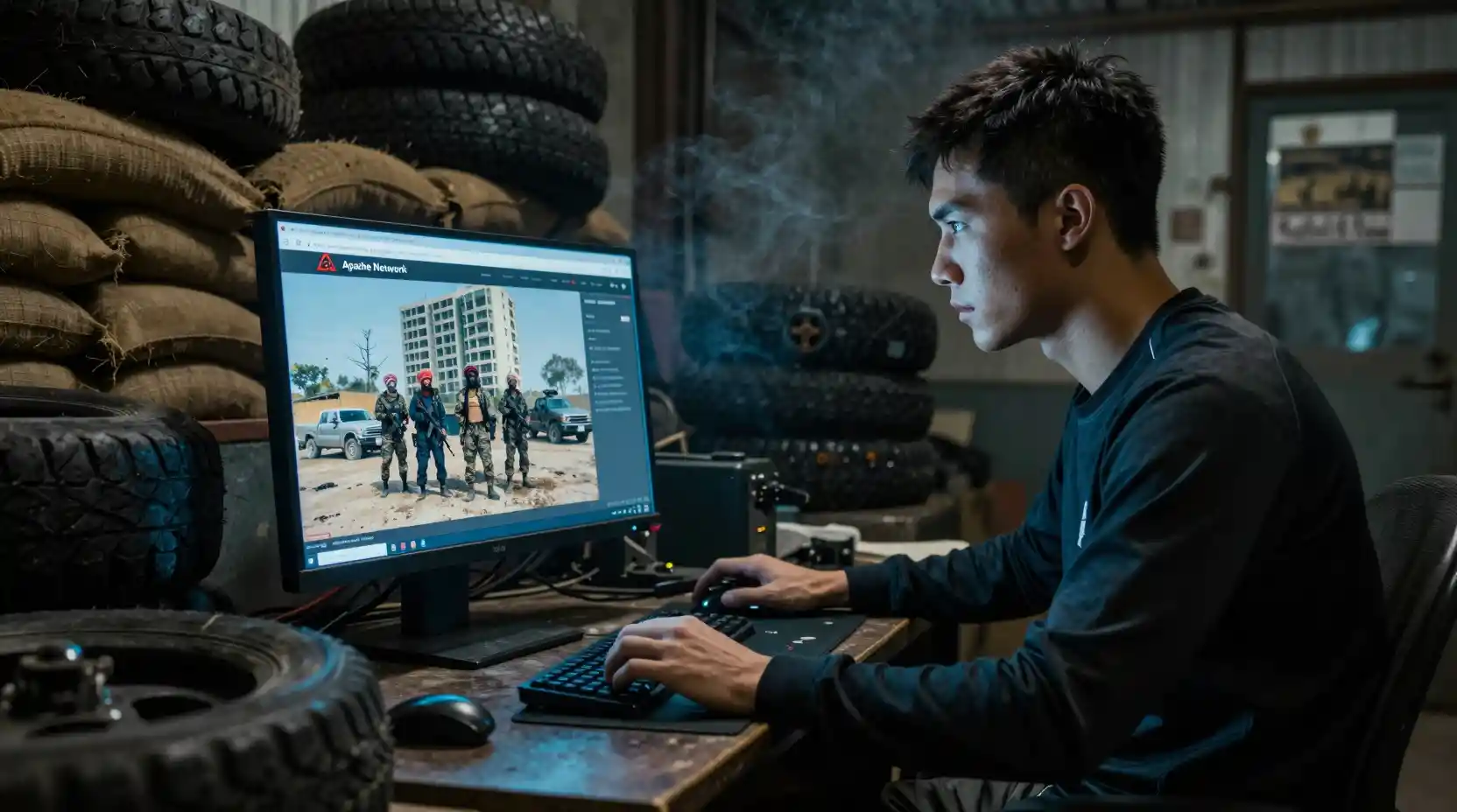 Focused man at computer in dim motorcycle workshop
