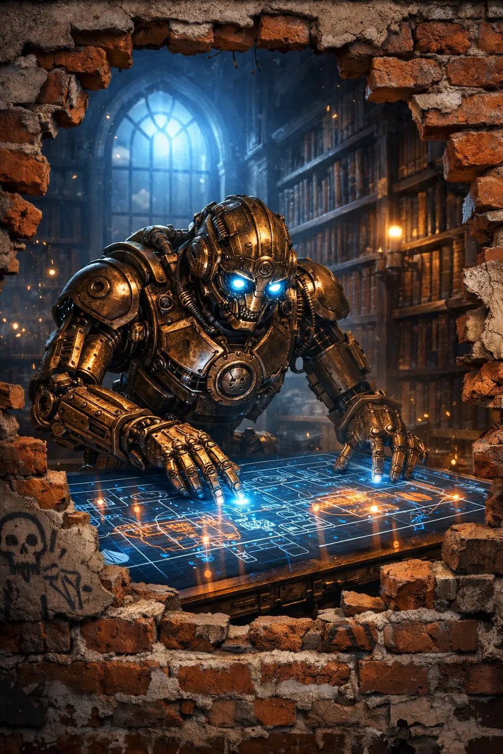Steampunk robot studying a glowing holographic blueprint in library