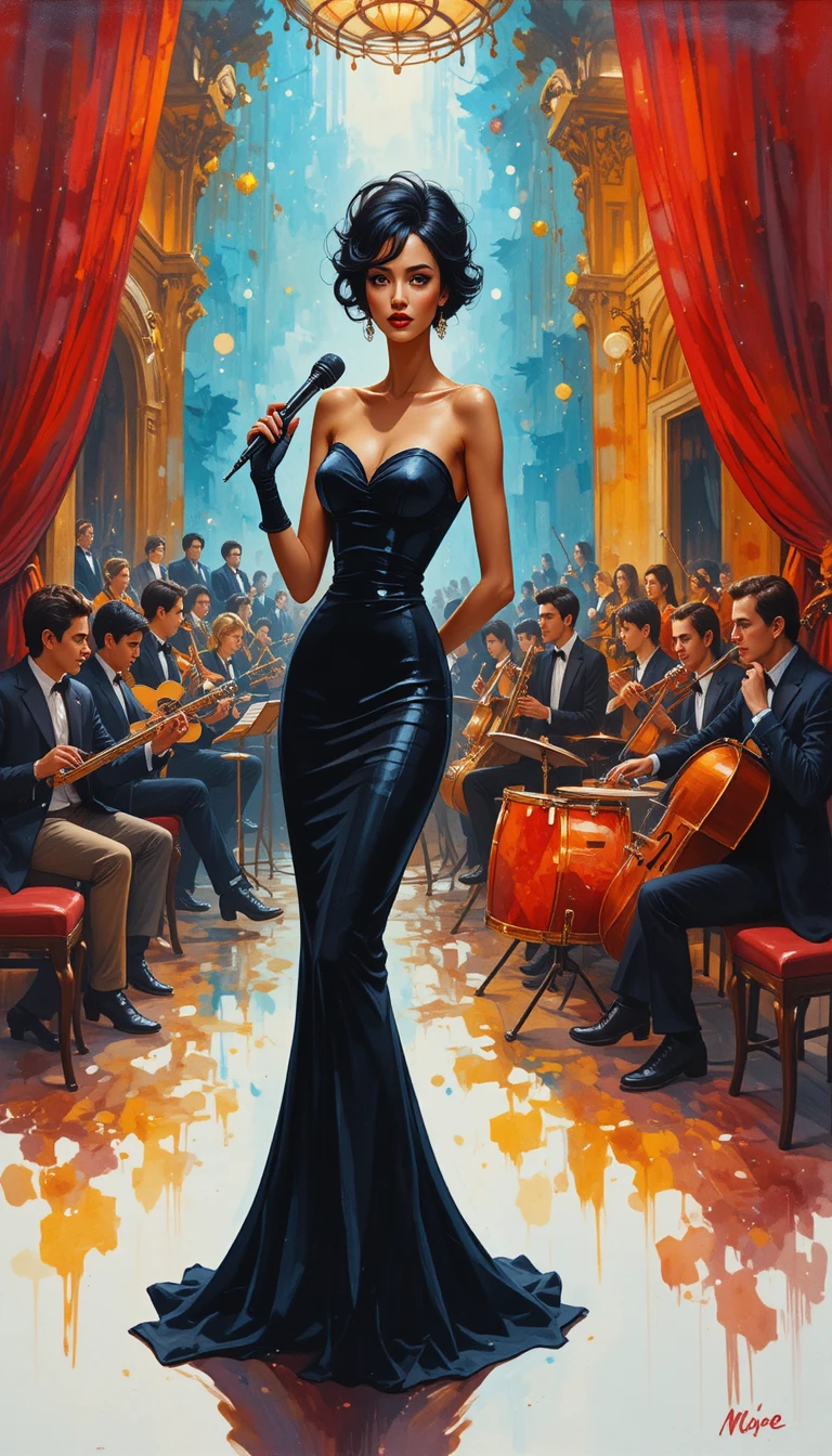 Cartoon jazz concert with glamorous black singer on stage