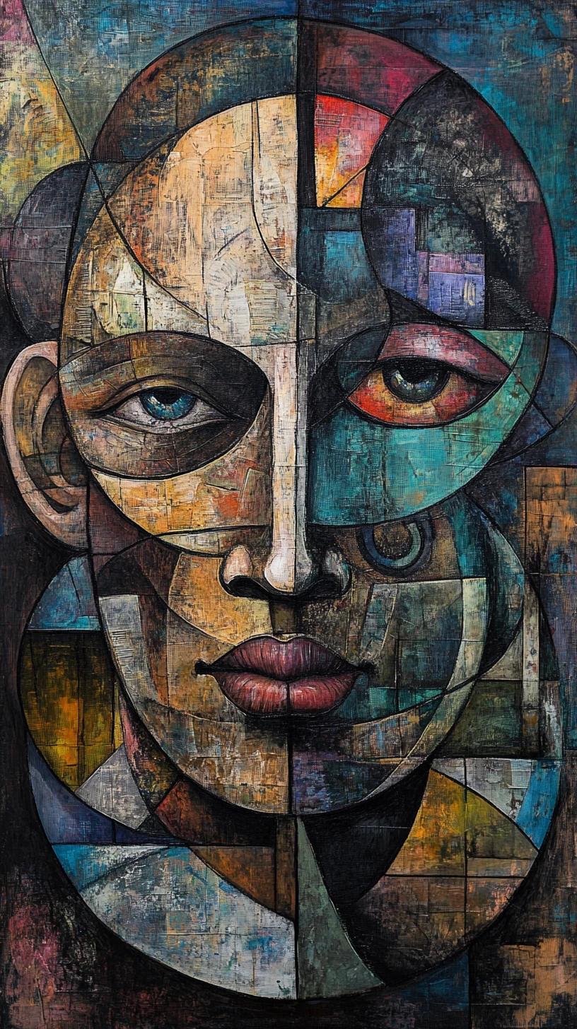 Surreal Cubist Portrait Of Fragmented Mechanical Human Faces