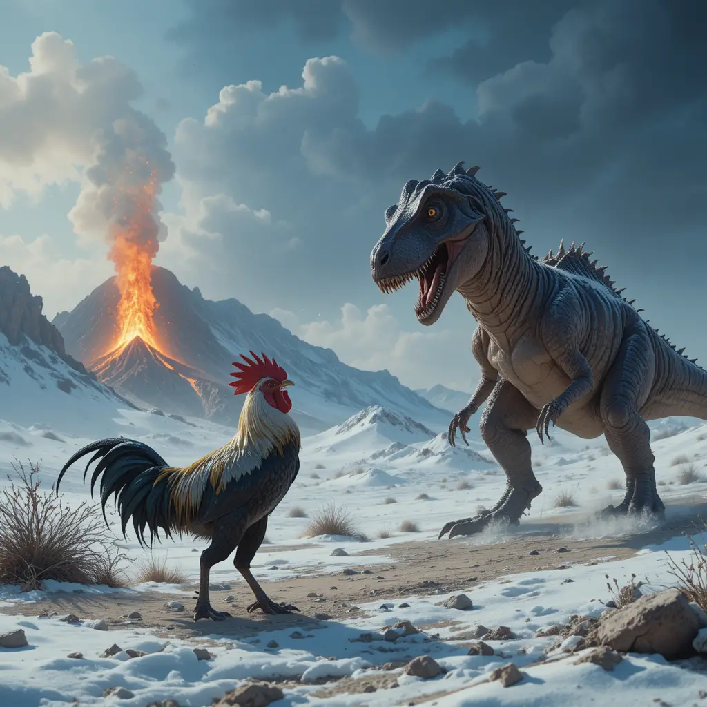Rooster battling a t rex in a snowy desert near volcano
