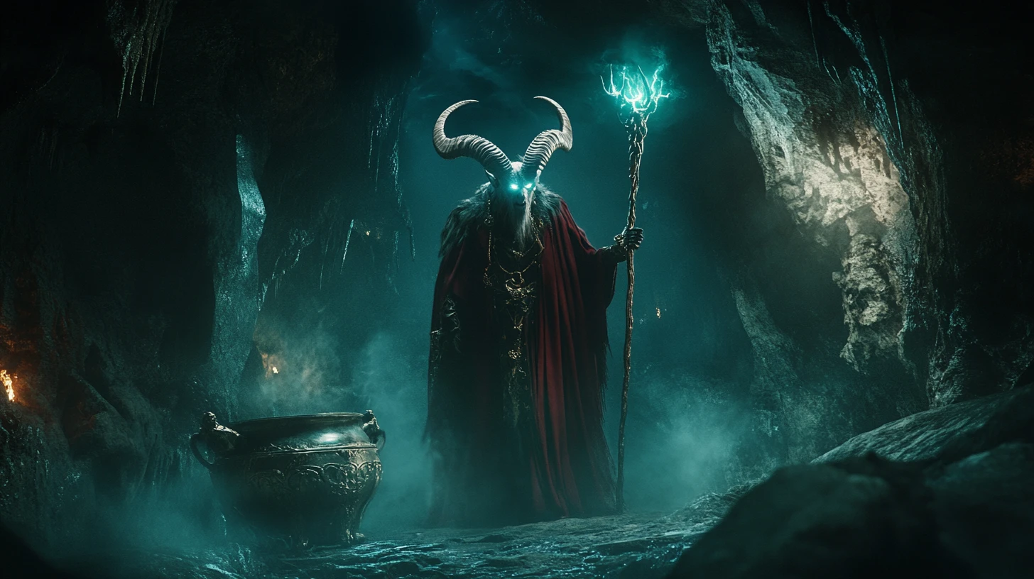 Goat faced sorcerer summoning dark magic in a cave