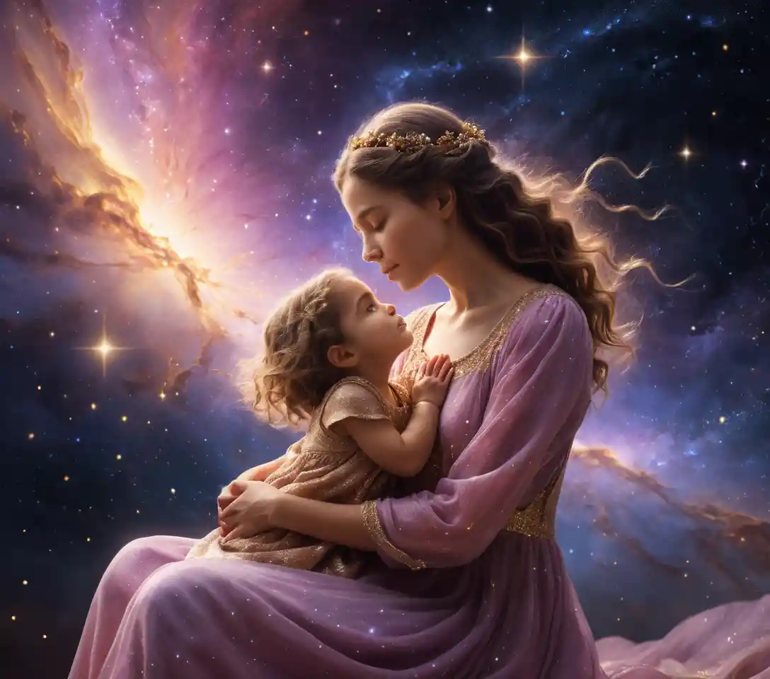 Celestial mother cradling a child at the edge of space