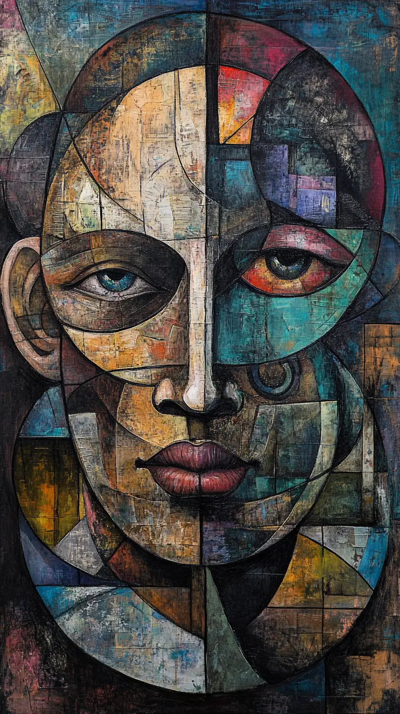 Surreal Cubist Portrait Of Fragmented Mechanical Human Faces