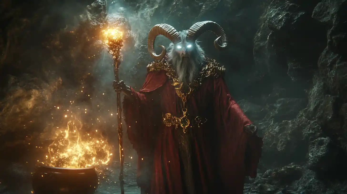 Goat faced sorcerer casting dark magic in a cave