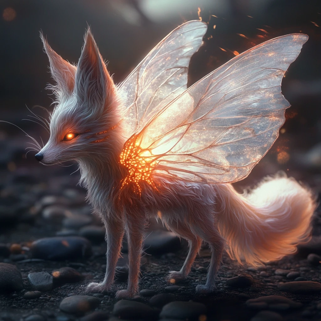 Zorro Surreal con Pelaje de Cristal y Alas de Mariposa Brillantes