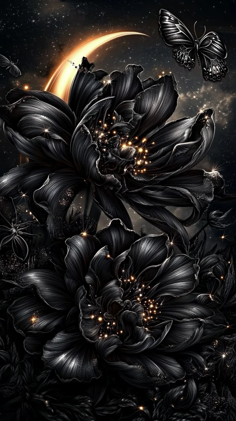 Gothic flowers under a crescent moon with moths and butterflies