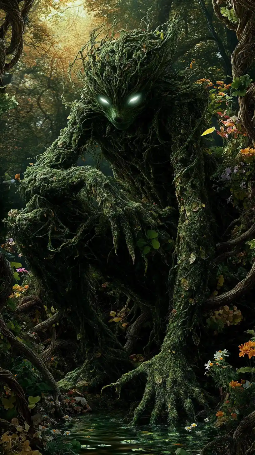 Serene Forest Sprite Among Ancient Roots And Vines