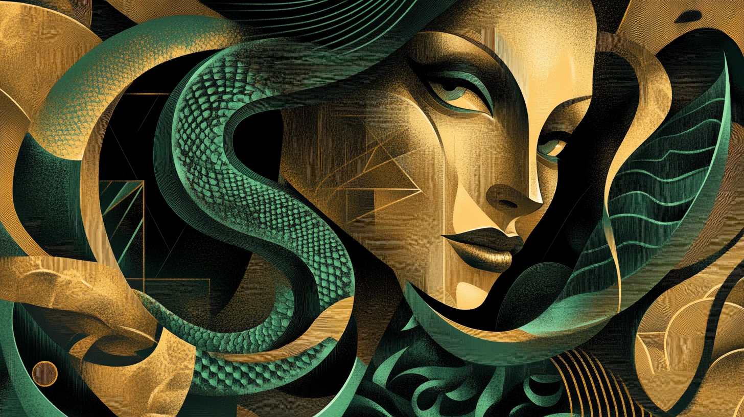 Abstract cubist woman with emerald snake and floral patterns