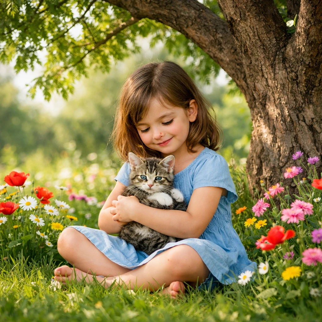 Menina segurando um gatinho na grama sob uma árvore