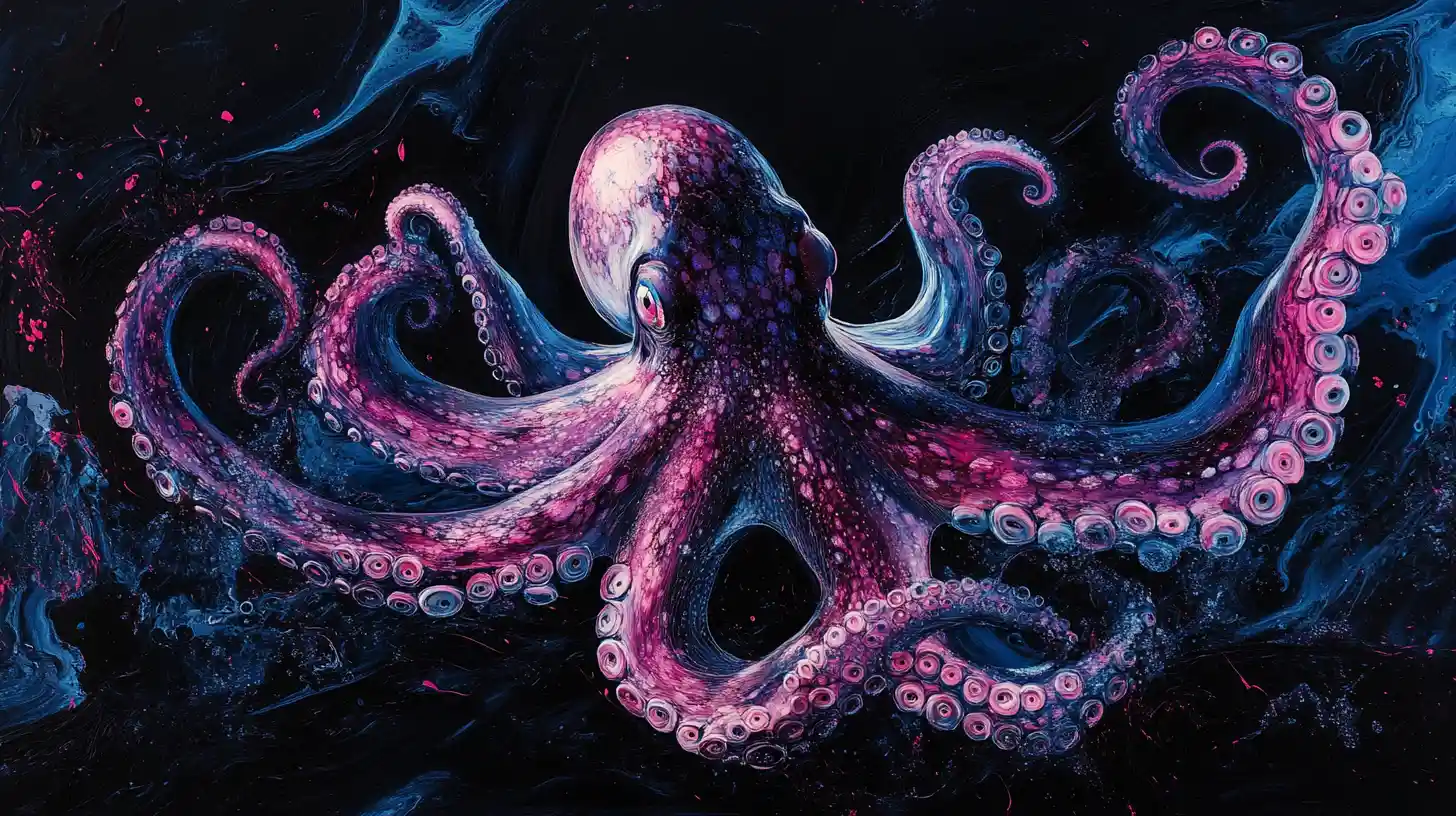 Dreamlike iridescent octopus in a dark underwater abyss