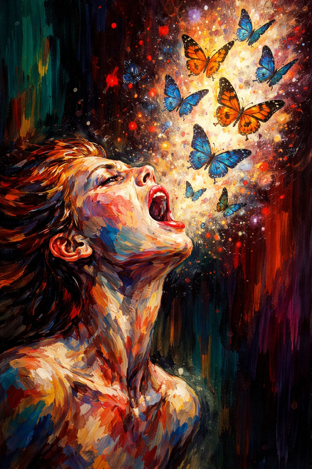 Abstract profile portrait releasing butterflies into darkness