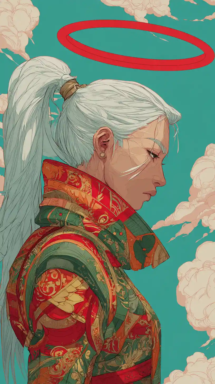 Silver haired anime girl with halo in pastel clouds