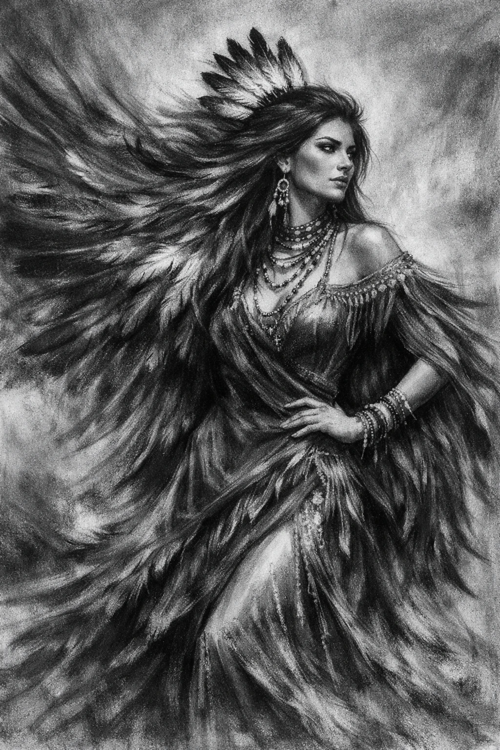 Charcoal portrait of a fantasy woman with feathered wings