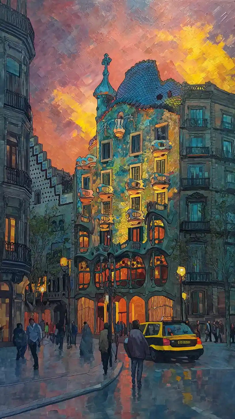 Vista romântica em guache da Casa Batlló a partir de uma rua movimentada de Barcelona